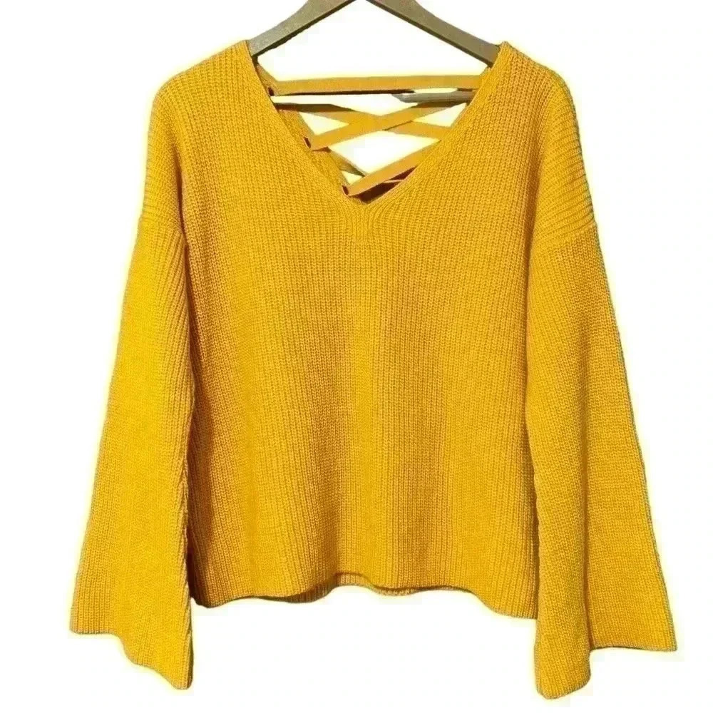 Topshop Womens 8 Yellow V-Neck 3/4 Bell Sleeve Open Lattice Back Sweater NWT